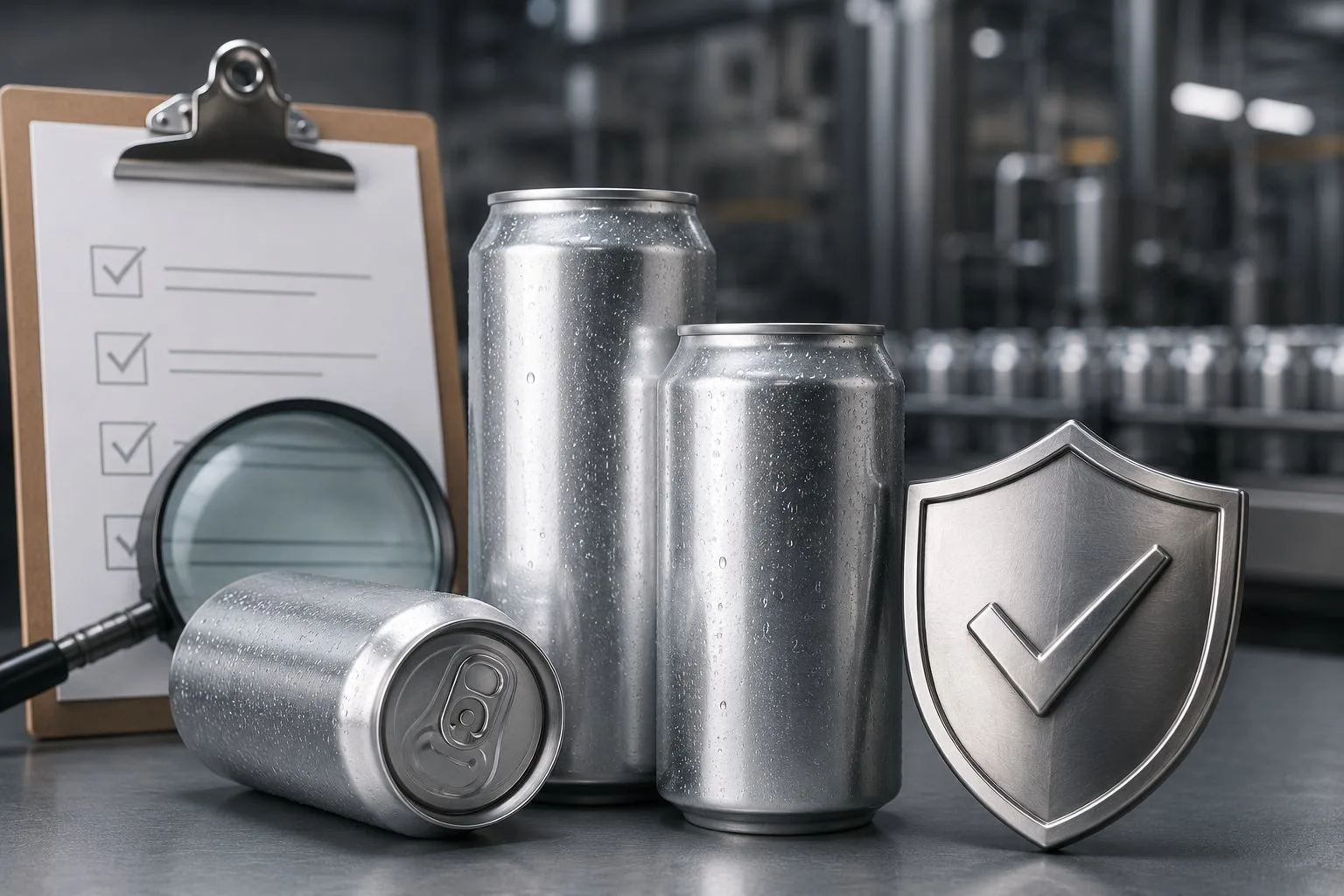 Aluminium beverage cans with quality compliance inspection setup.