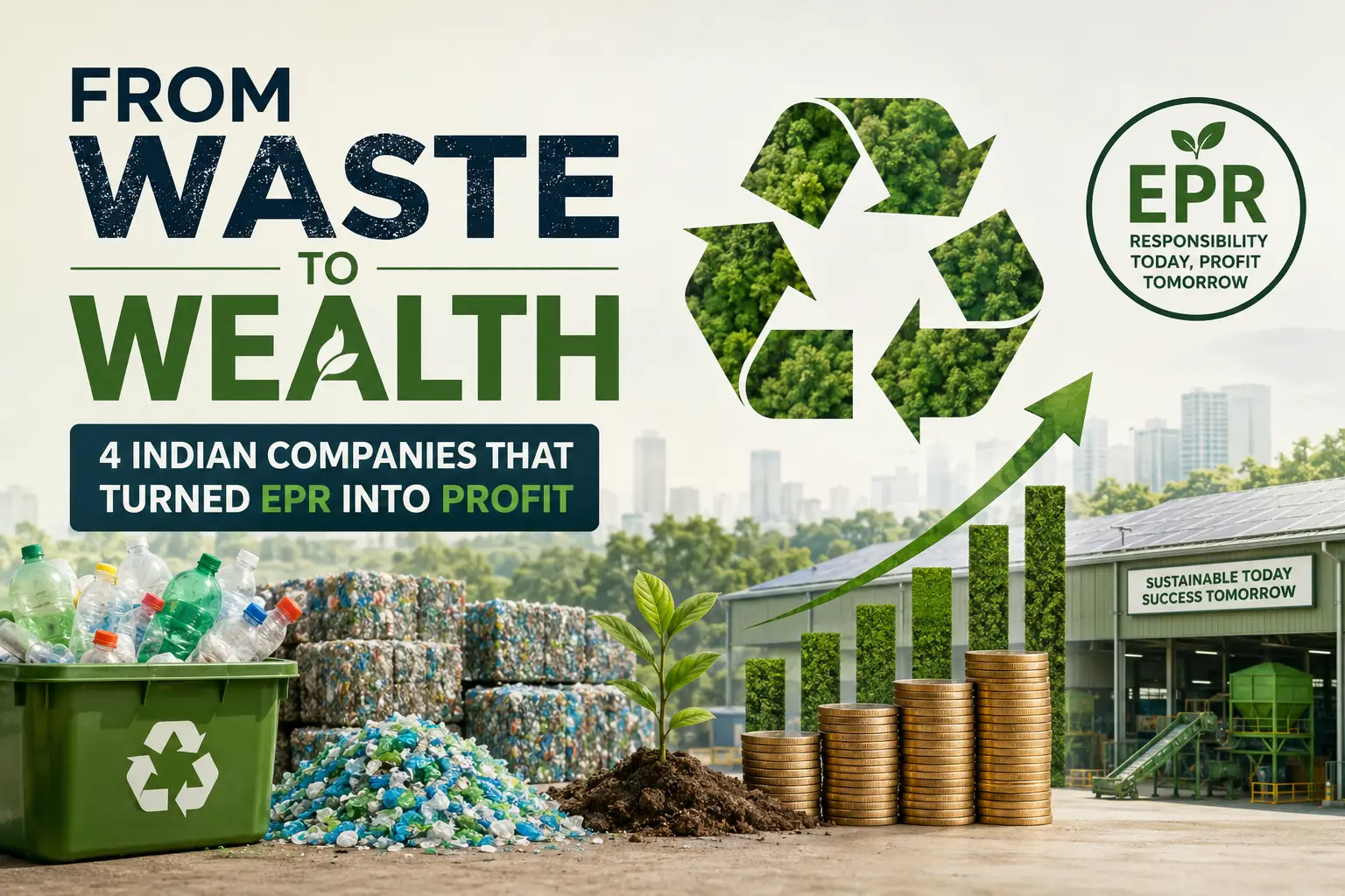 Waste recycling and EPR profit concept with recycled plastic, recycling plant, and growth chart