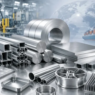 Aluminium sheets, coils, rods, and extrusions in a modern industrial manufacturing facility.