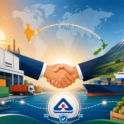 Split illustration of India–New Zealand trade partnership with handshake, cargo shipping, and BIS certification symbol.