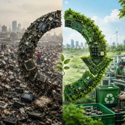 E-waste dump and modern recycling facility representing India's circular economy transition.