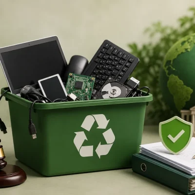 E-waste recycling and CPCB compliance concept with electronic devices.