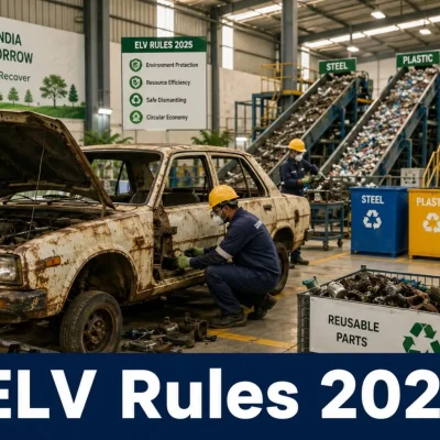 ELV Rules 2025 vehicle scrapping facility illustration with rusted car and recycling process in India