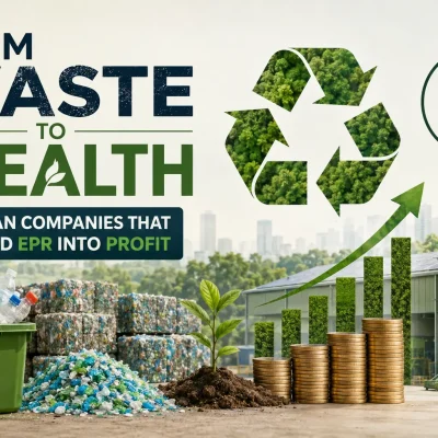 Waste recycling and EPR profit concept with recycled plastic, recycling plant, and growth chart